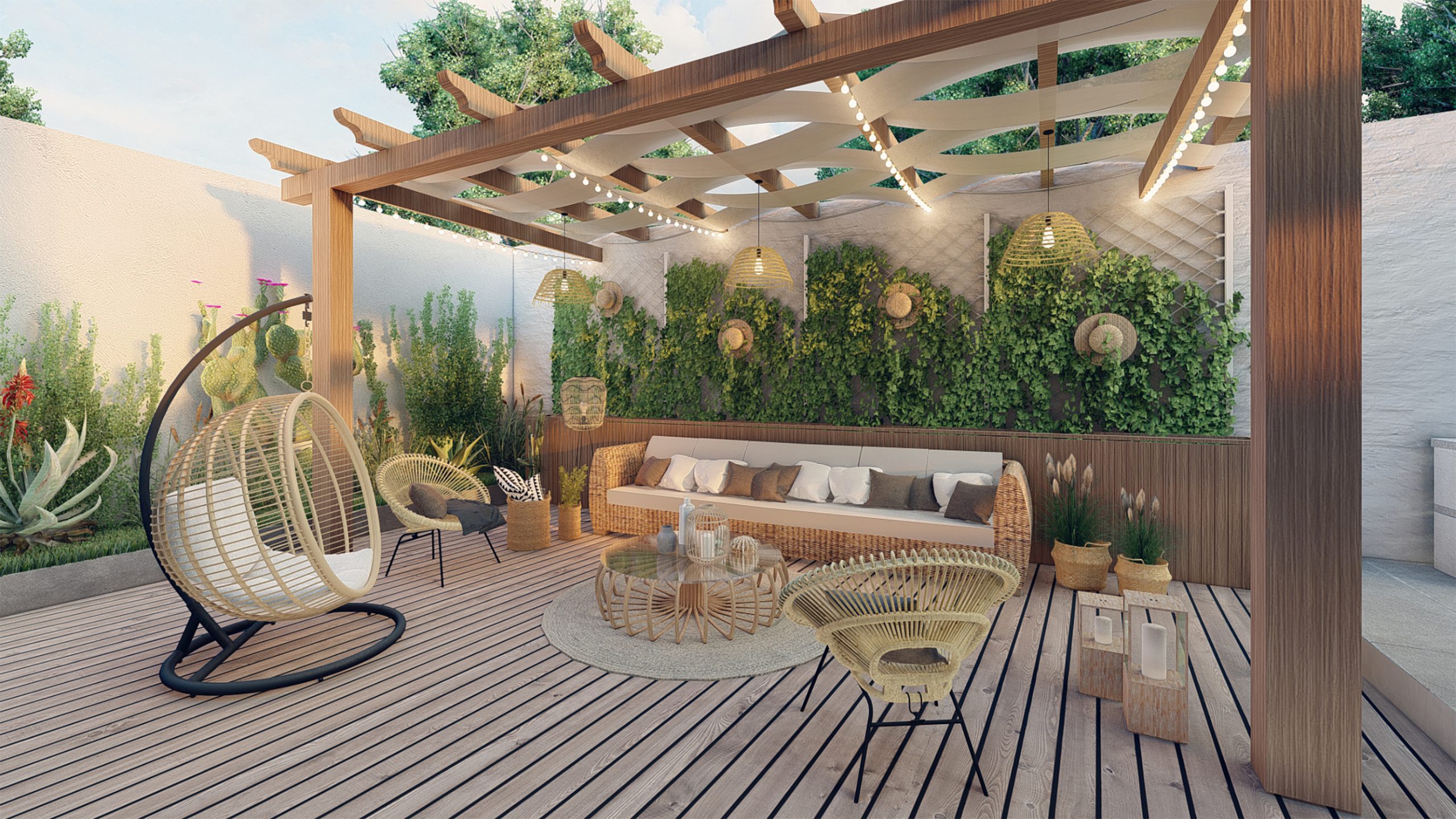 Home with furniture patio / wooden deck at twilight.